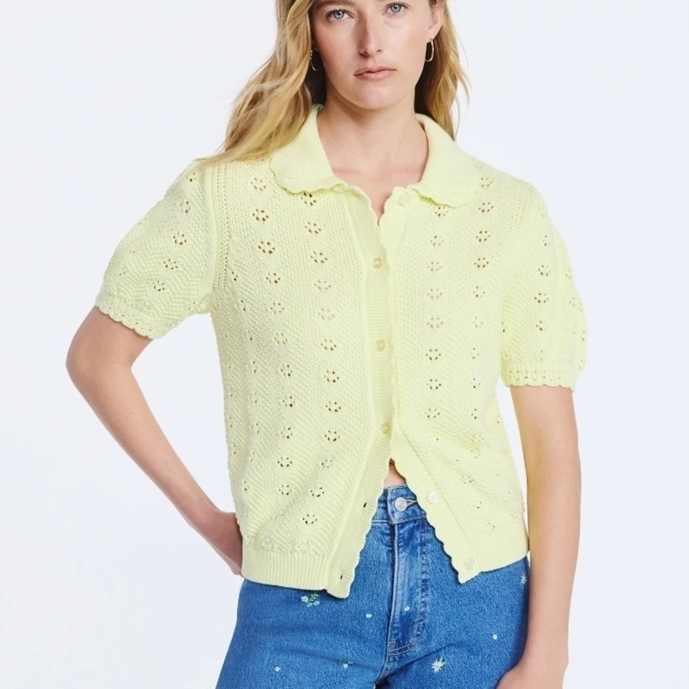 Free Assembly Women's Cotton Pointelle Cardigan Sweater - Yellow